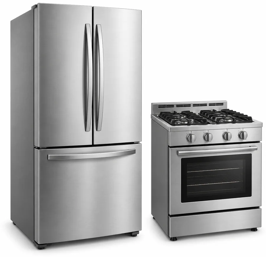 Stainless steel French-door refrigerator and freestanding gas range
