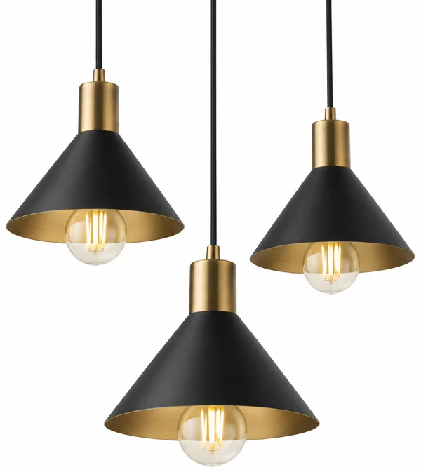 Three matte black and brass pendant lights
