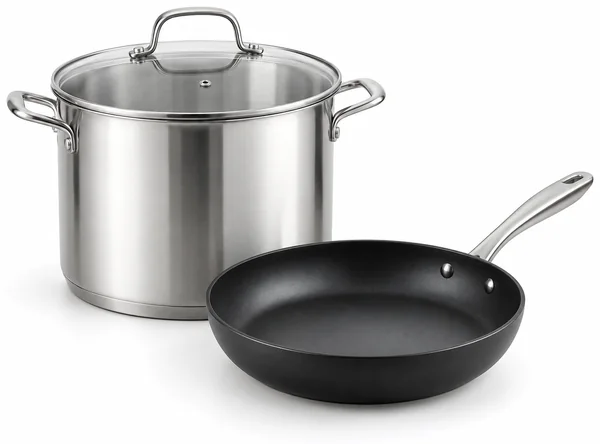 Stainless steel stockpot with glass lid and non-stick skillet