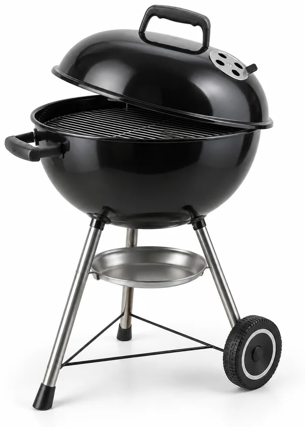 Black charcoal kettle grill with domed lid